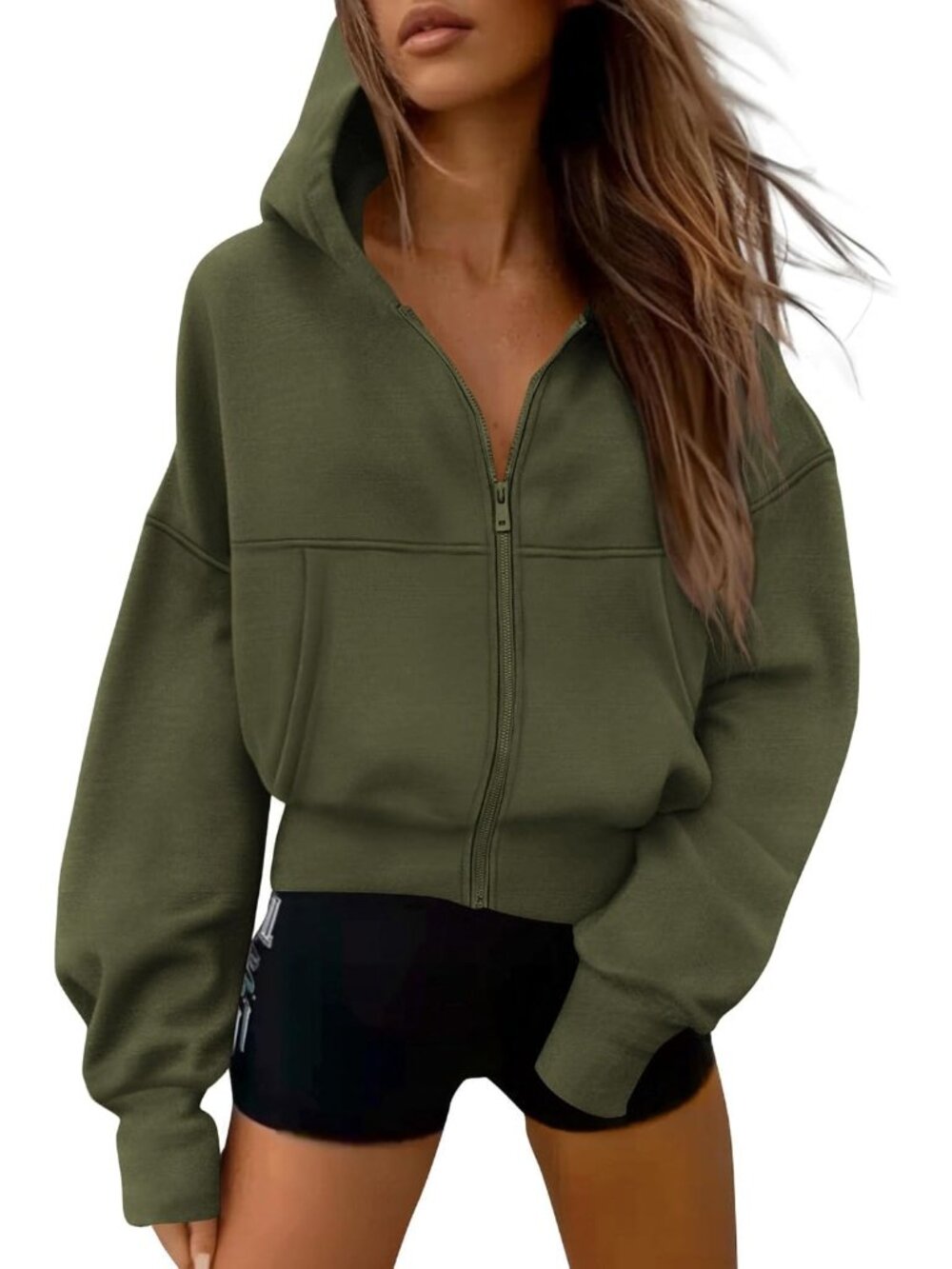 Womens Army Green Long Sleeve Zip Up Hoodie Casual Fall Fleece Sweatshirt Jacket
